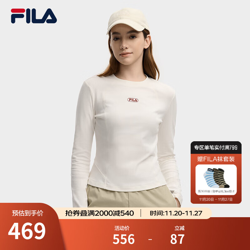 FILA 斐乐官方女子针织长袖衫2025冬新款时尚休闲简约基础圆领长T 云峯白-IV M 165/84A/M