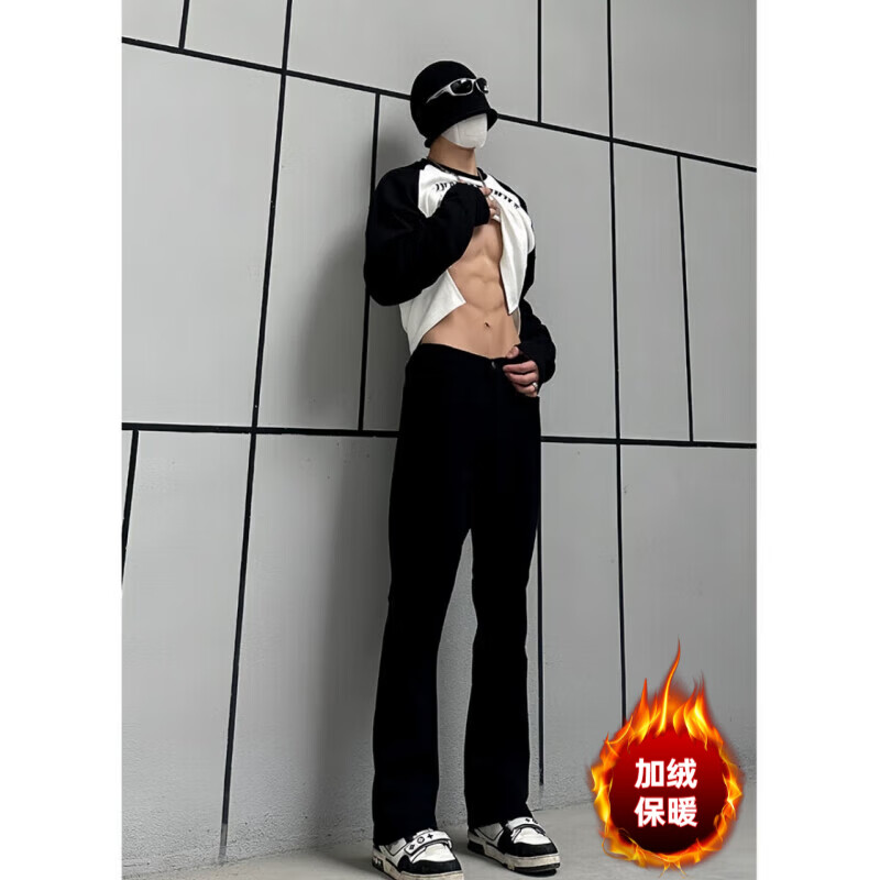 黑盒白秋季裤子男潮牌美式vibe高街微喇牛仔裤男款修身直筒休闲裤男装 白色 加绒 XL 【建议130-145斤】