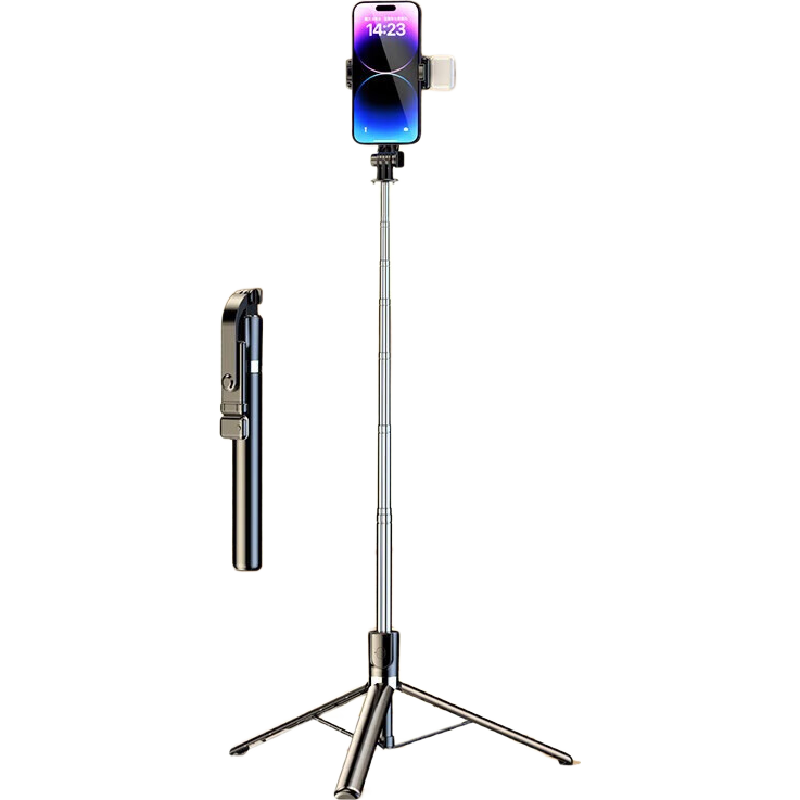 自拍杆手机伸缩旅游神器360度旋转多功能迷你三脚架手持直播落地便携防抖支架带蓝牙可选美颜补光 【经典黑色+超长带灯款】1.7米