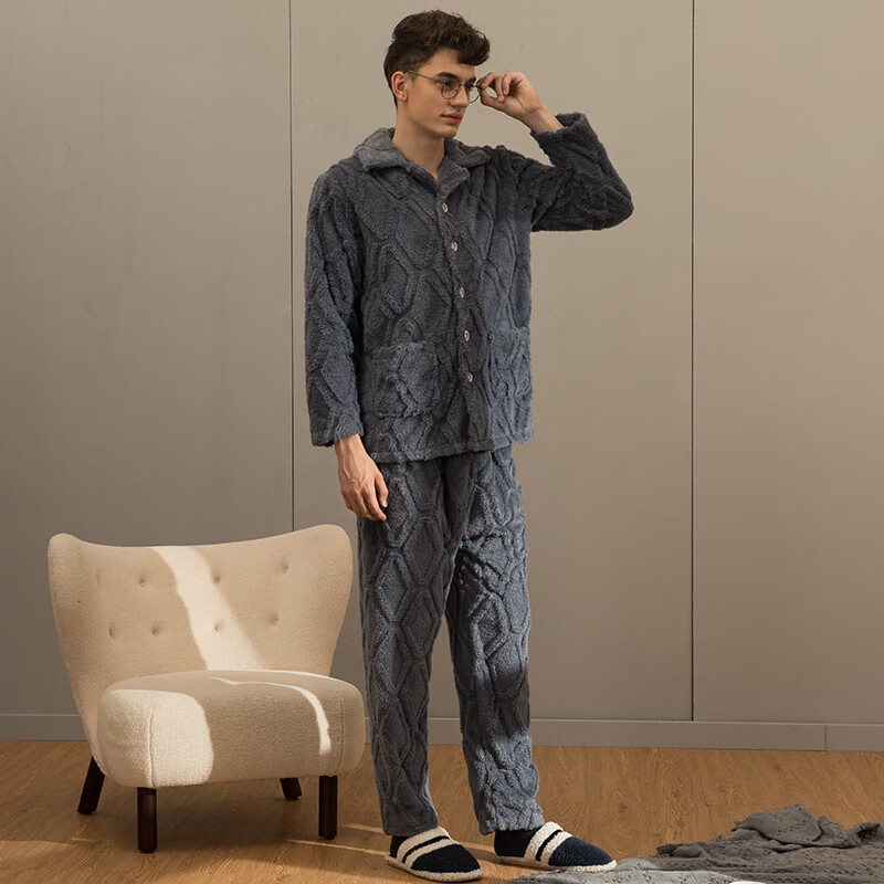 芬腾男士睡衣珊瑚绒家居服套装秋冬保暖 M98241403-灰兰 XL
