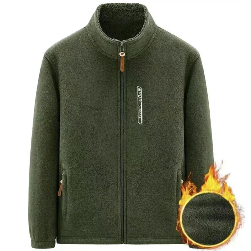 加绒加厚摇粒绒抓绒衣男士保暖立领秋冬外套CLjn抓绒立领夹克jd 军绿色 5XL （180-200斤）