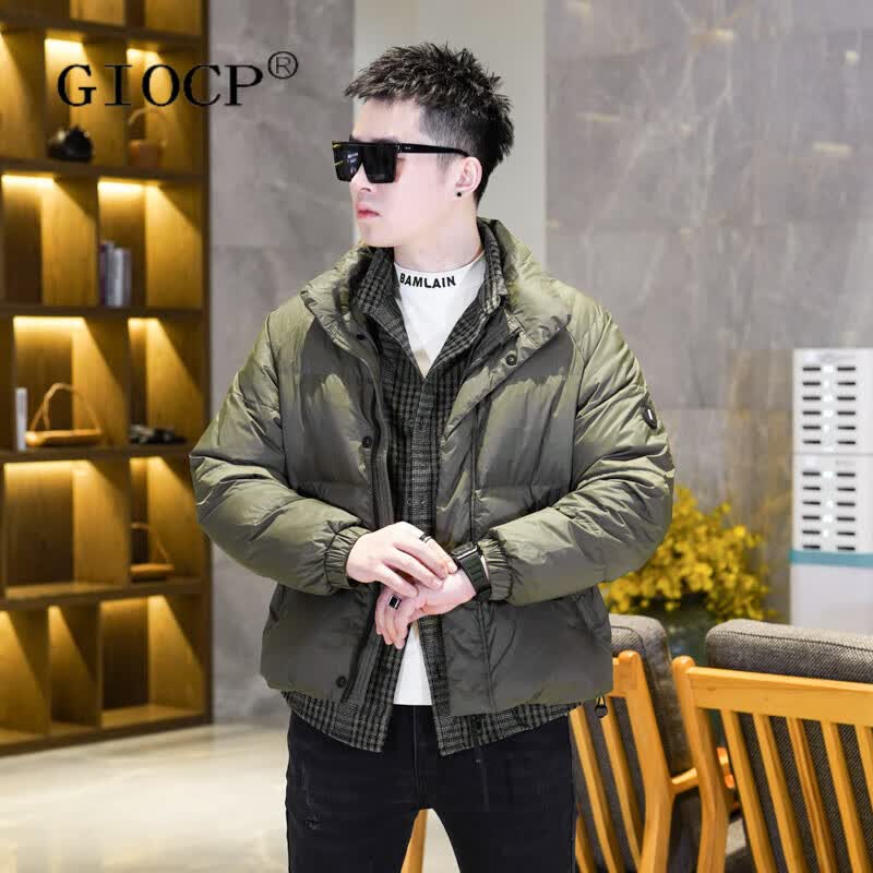 GIOCP香港潮牌假两件羽绒服男士冬季新款潮流拼接休闲加厚保暖短款外套 绿色 M