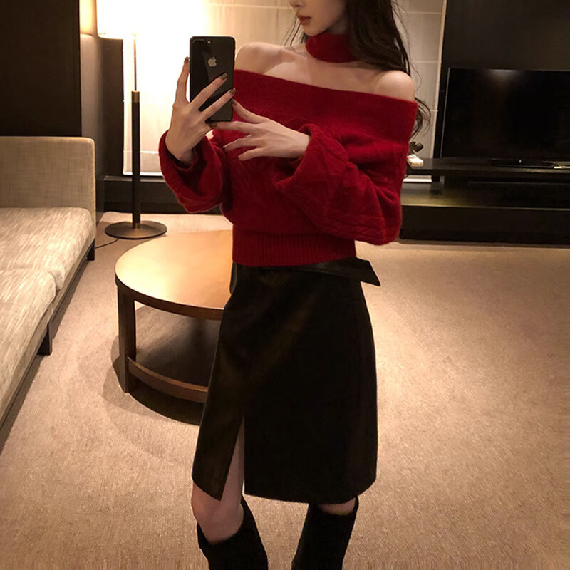 by onion 秋冬可外穿一字肩红色毛衣女慵懒高级感内搭羊毛针织衫 米白色 L