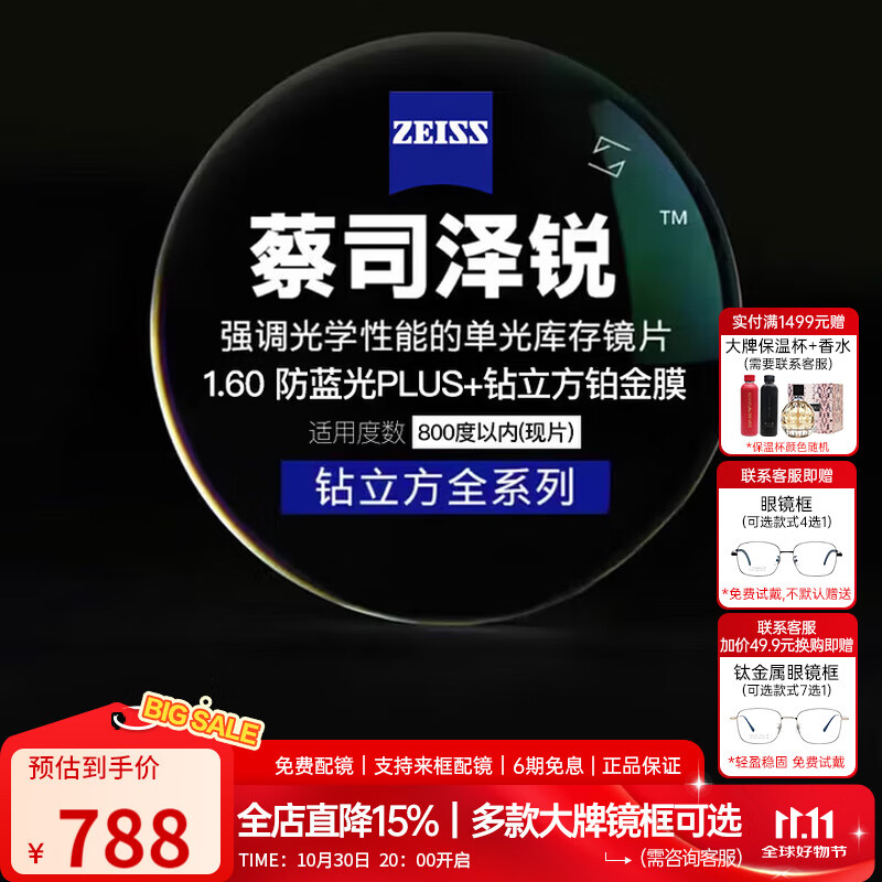 蔡司（ZEISS）泽锐单光钻立方镜片防蓝光近视可配镜轻薄超薄镜片1.60现片两片