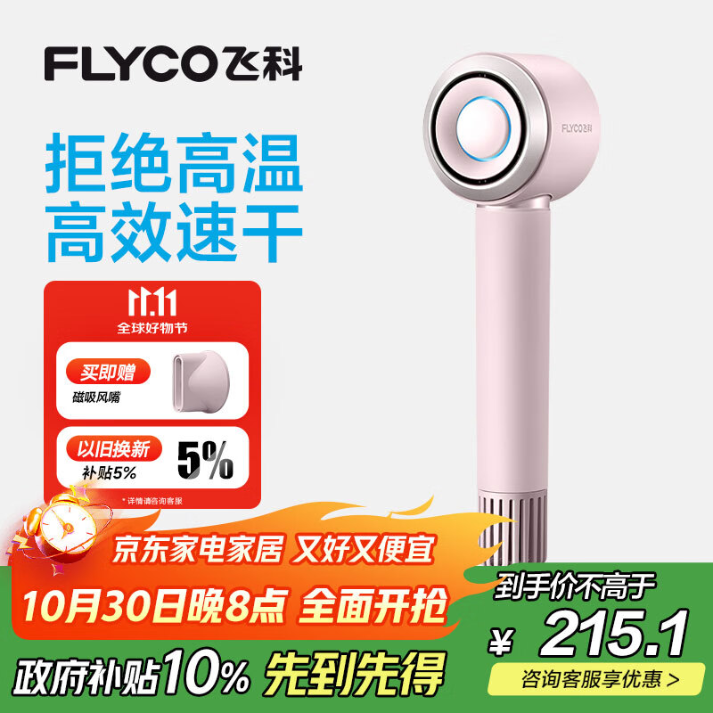 飞科（FLYCO）高速电吹风机生日礼物家用便携出行必备速干负离子大风力护发吹风筒FH6371钻石粉 国家补贴