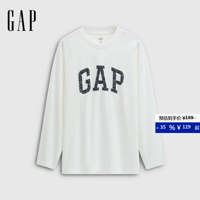 GAP男女装2025秋季新款logo纯棉宽松圆领长袖T恤休闲上衣 白色 XL (180/100A) 亚洲尺码
