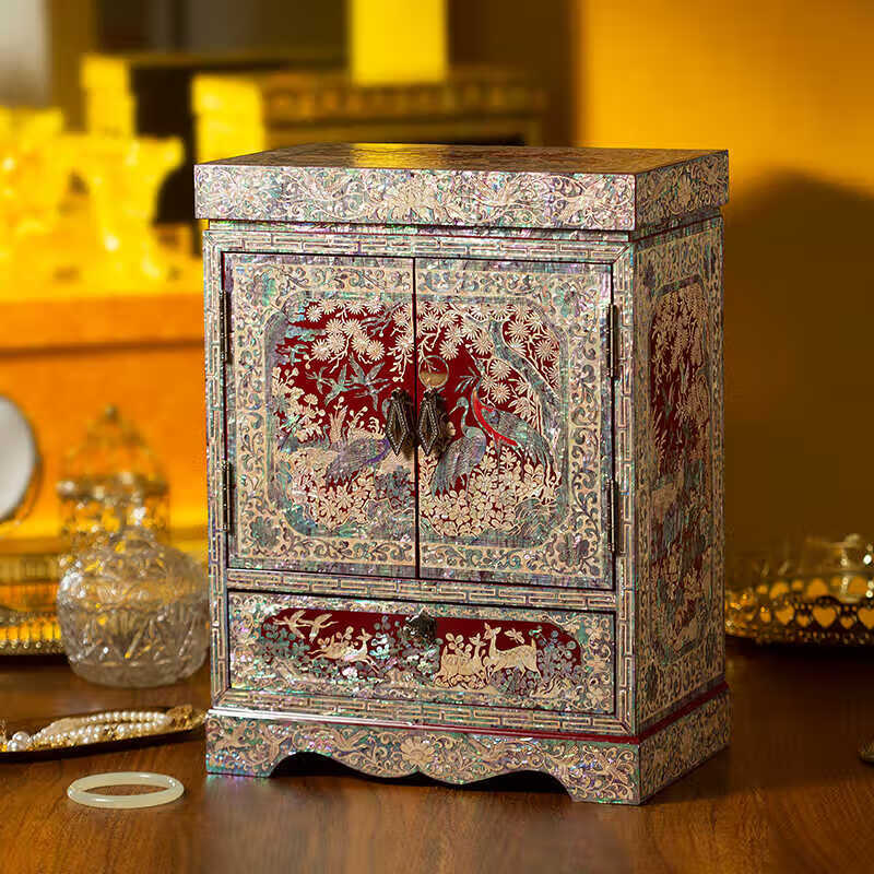 高档轻奢大容量饰品收纳柜螺钿漆器首饰柜首饰盒新婚结婚生日礼物 红色首饰柜