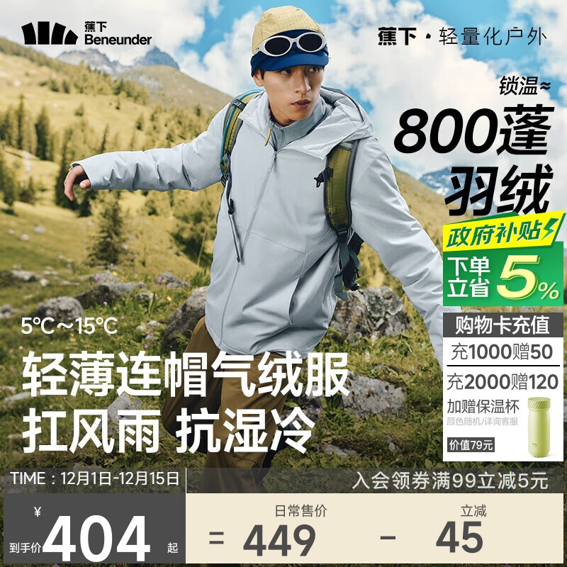 蕉下（beneunder）气绒服男士秋冬季保暖连帽轻薄夹克外套户外CL233薄灰蓝M