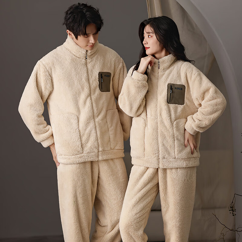 猫人【立领拉链可外穿】男士睡衣男冬季情侣睡衣羊羔绒家居服2025新品 米杏色 女款 M 【建议体重80-100斤】