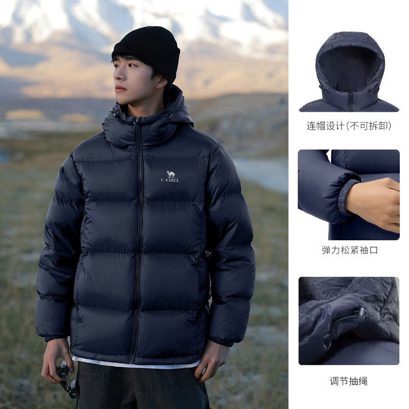 骆驼男装秋冬黑色加厚保暖鸭绒短款面包服男女同款防水羽绒服外套 黑色 (拒水羽绒)深蓝男a1w2pn121j 女生拍小一 S