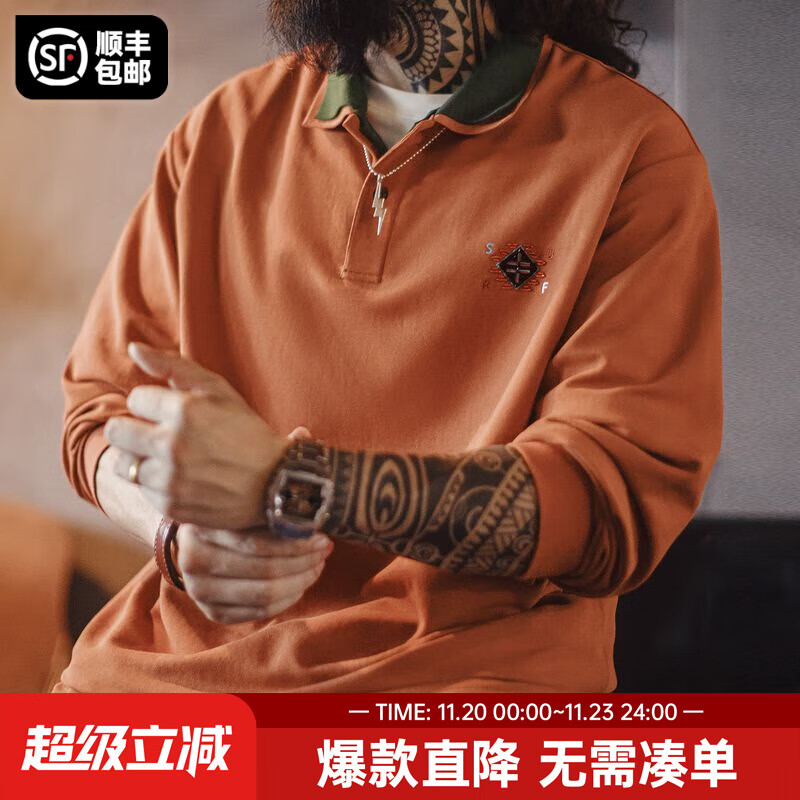 马登工装美式复古纳瓦霍撞色叠领polo衫男秋季假两件宽松男士长袖T恤 加州橙 L