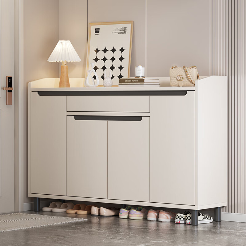 米客米家（MIKEMIJIA）入户鞋柜家用门口室内进门靠墙玄关柜一体大容量储物收纳柜鞋架子 暖白+芝麻黑【加厚HDF板】120*32*102CM 送货上楼（师傅安装）