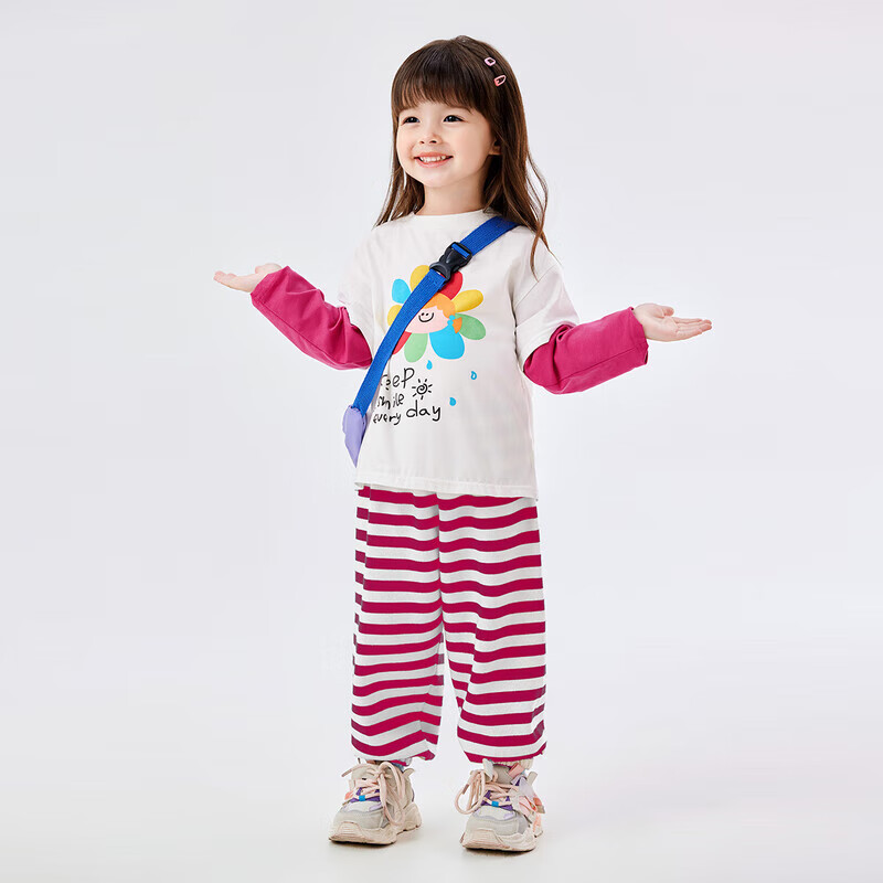 嘟嘟家女童长袖套装春装女小童秋款可爱假两件T恤女宝宝休闲条纹裤子潮 藏青色 90