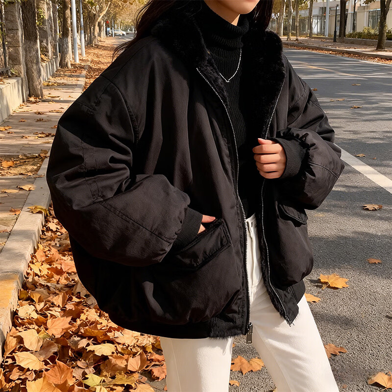 啄木鸟加绒加厚两面穿羊羔绒外套2025秋冬新款宽松连帽棉衣上衣女棉服 蓝色 （双面穿高品质） 加绒 M 110-130斤