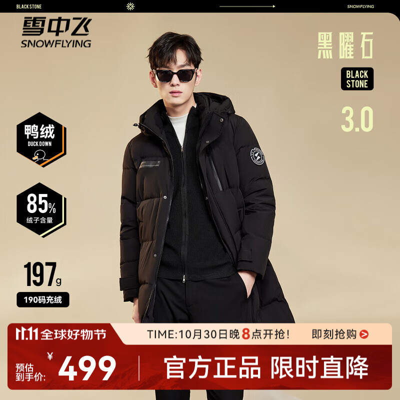 雪中飞秋冬东方简奢风时尚休闲舒适廓形男士“H”版型印花立领连帽羽绒 黑色|8056 XL 180/100A