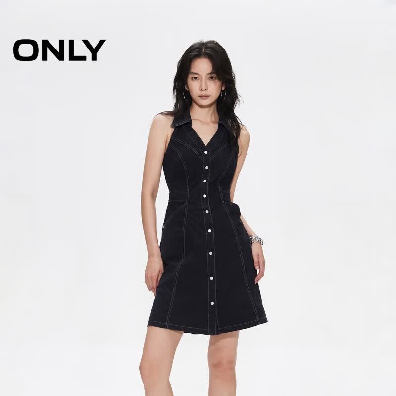 ONLY 2025夏季新款V字翻领挂脖高腰露背牛仔连衣裙女|125242009