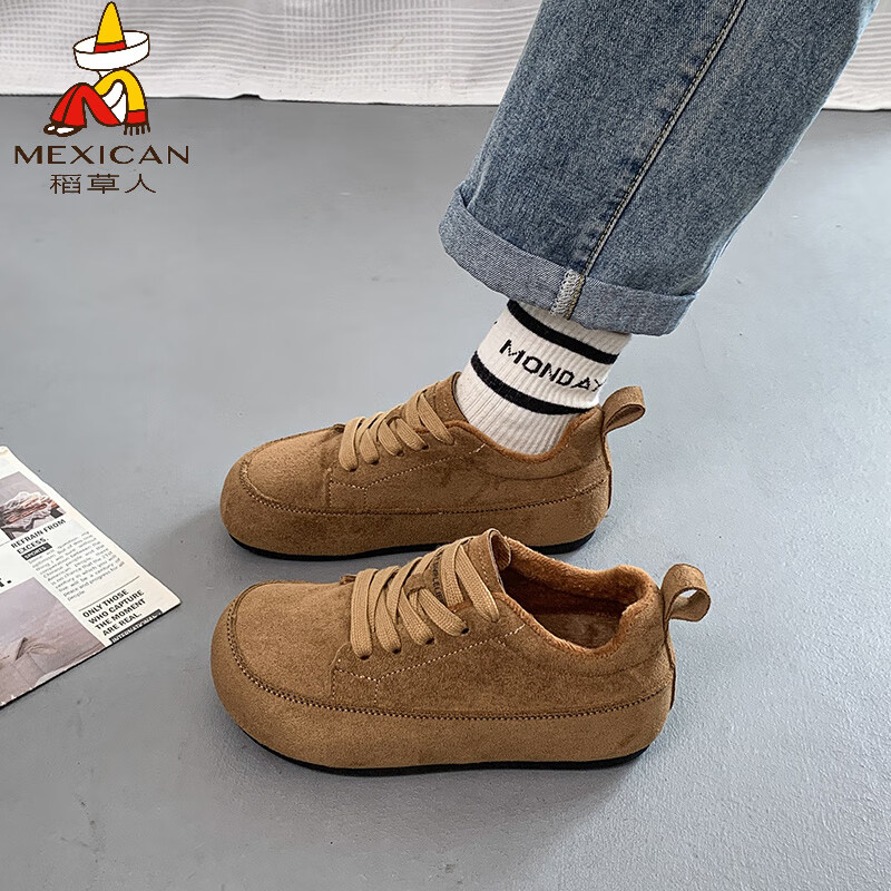 稻草人（MEXICAN）加绒勃肯鞋女2026年秋冬新款复古百搭休闲德训鞋保暖毛毛面包棉鞋 驼色 36