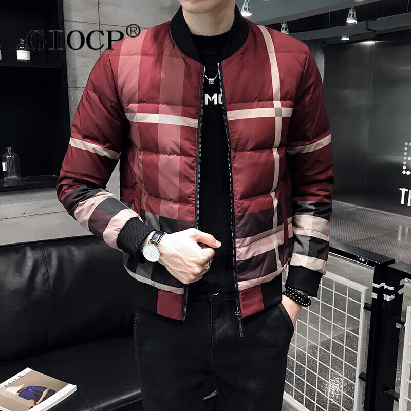 GIOCP香港潮牌欧洲站时尚潮流羽绒服男冬季新款格子羽绒衣加厚保暖拼色短款修身大码外套男 红色 M
