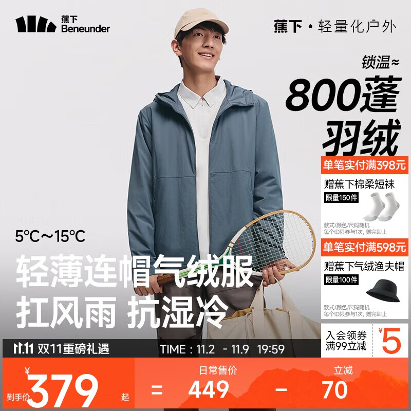 蕉下（beneunder）气绒服男士秋冬季保暖连帽轻薄夹克外套户外CL233岩石灰M