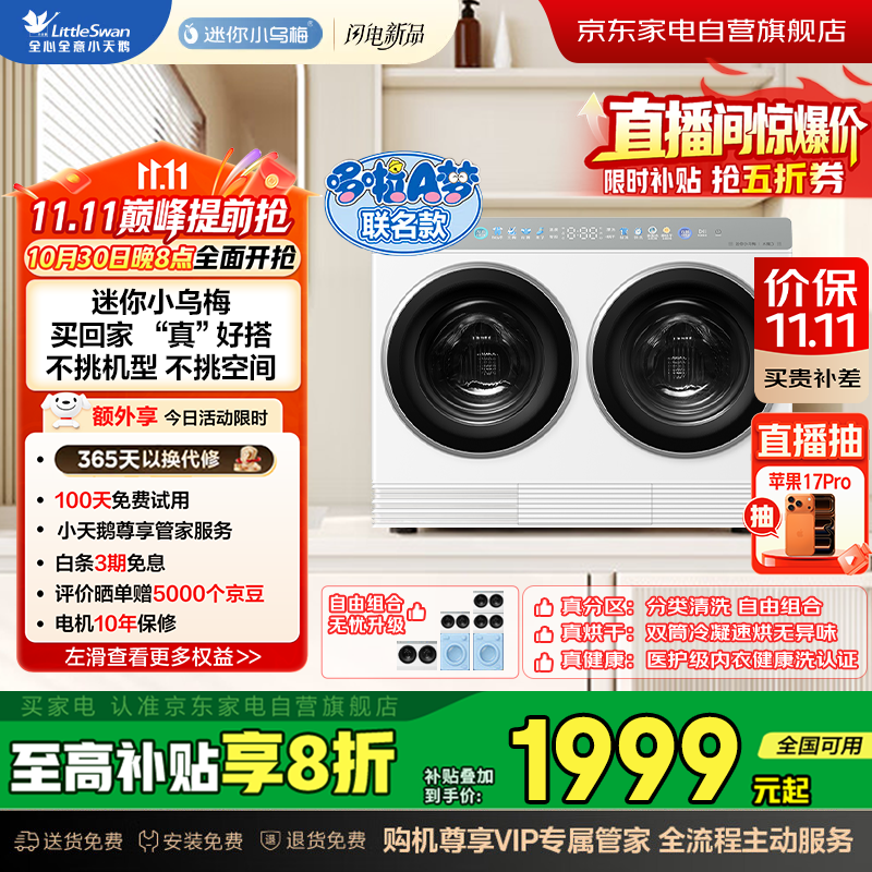 小天鹅（LittleSwan）双筒分区洗可组三筒洗衣机婴儿内衣洗衣机洗烘一体【迷你小乌梅】小型洗衣机TNDD20-08AIDEW