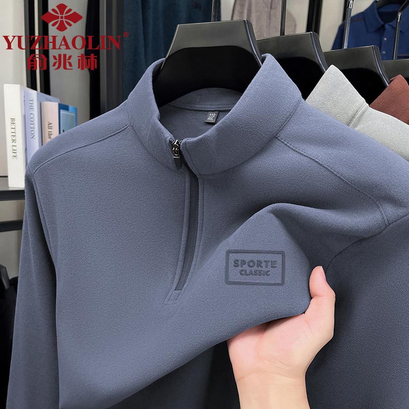 俞兆林(YUZHAOLIN)男士德绒长袖t恤秋冬季保暖半拉链打底衫中青年半高领体恤衫潮流 灰色 2XL (建议155到170斤穿)