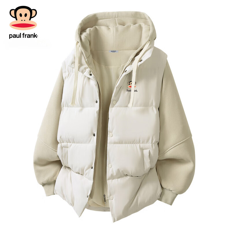 大嘴猴(paul frank)连帽情侣款棉服男士春季羽休闲加绒宽松保暖袄厚风大上衣外套服装 黑插咖色 【官方正品】 L 【建议120-140斤】