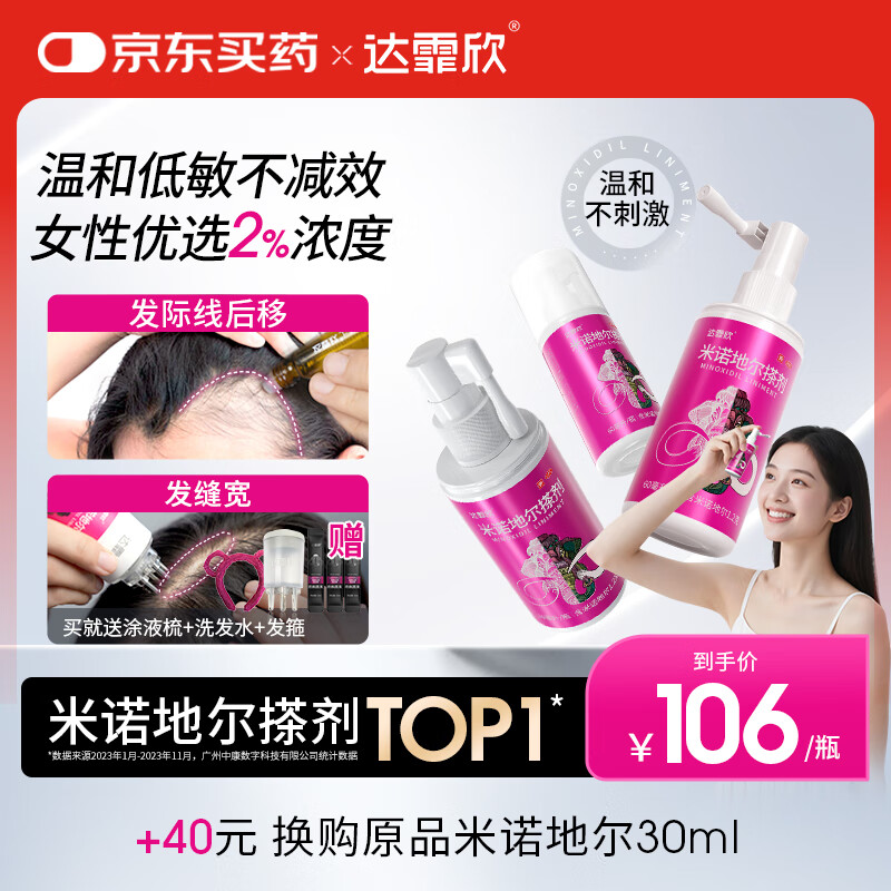 达霏欣 米诺地尔酊搽剂2%浓度60ml*3瓶【女士脱发严重疗程装】女性专用防脱生发育发发际线增长液洗发水脱发斑秃泡沫凝胶