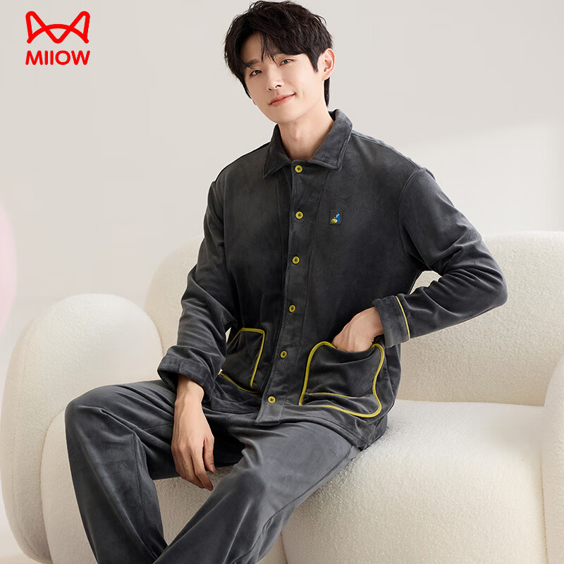 猫人（MiiOW）薄绒睡衣男士秋冬季2025新款保暖珊瑚绒短绒开衫男款加绒厚家居服 88646#男款AM XL