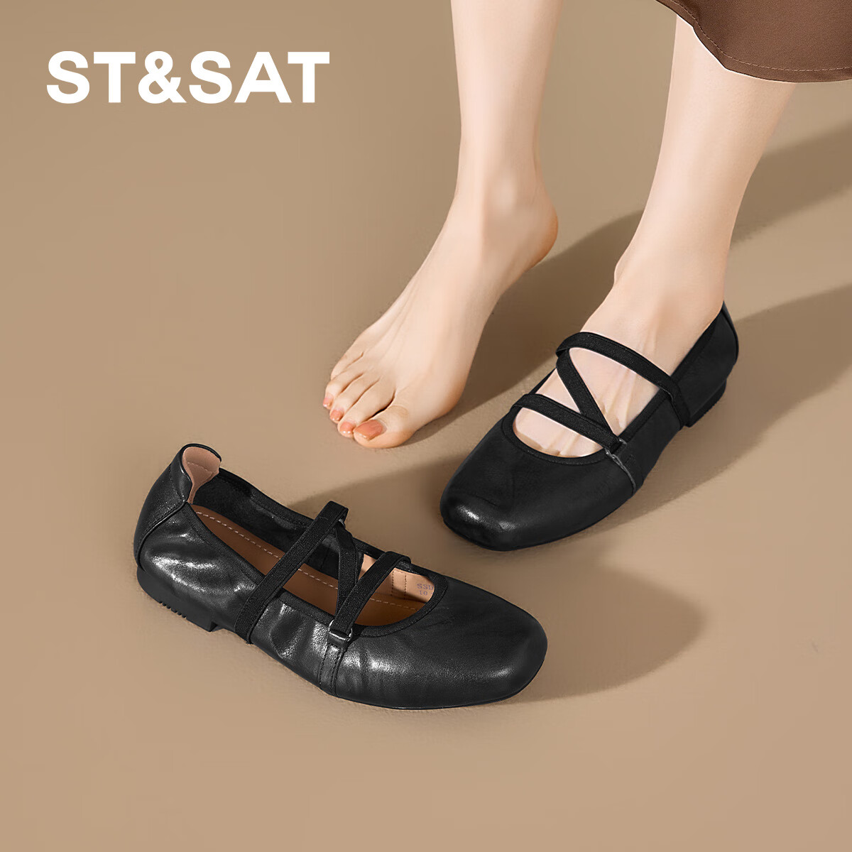 星期六【头层牛皮】复古浅口平底芭蕾鞋女2025秋季新款玛丽珍鞋单鞋 黑色 35