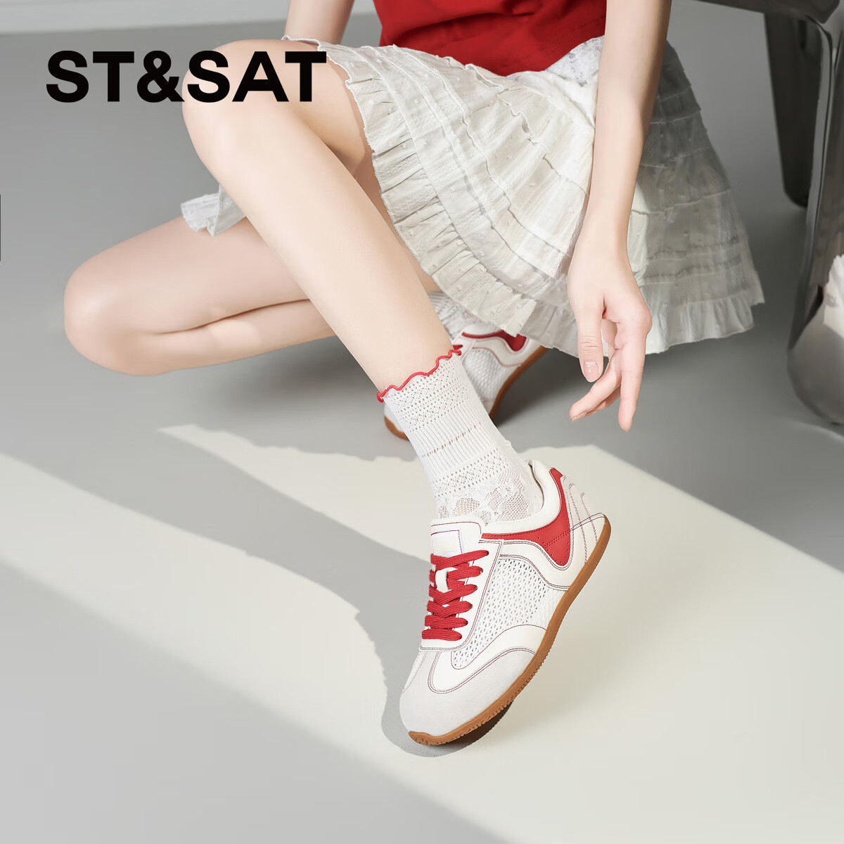 星期六(St&Sat)2025新款拼色德训鞋子轻奢复古增高跑步运动鞋休闲鞋板鞋子女鞋子 米红色 35