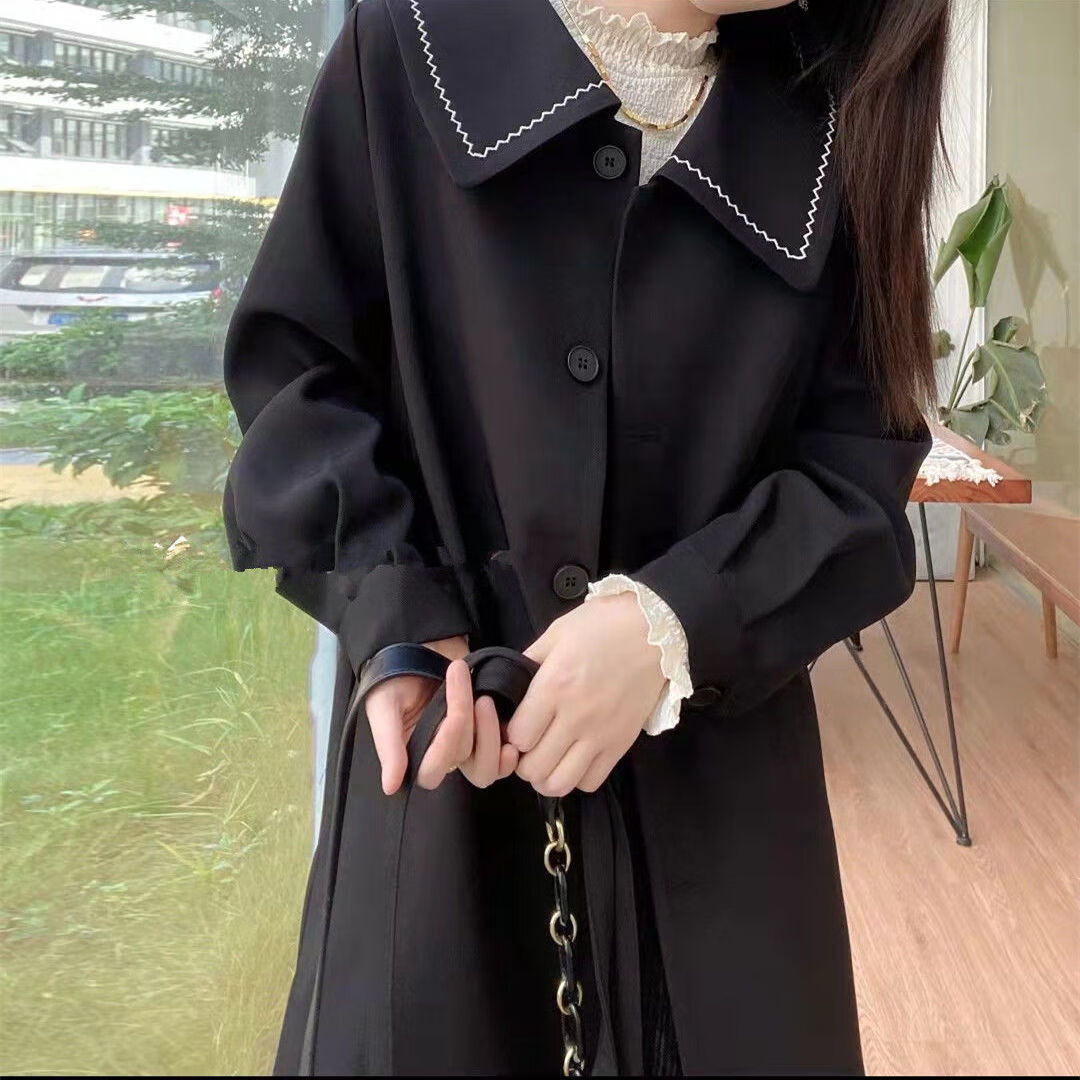 淑女风秋冬年娃娃领中长款修身型显瘦淑女风高档过膝风衣外套女 黑色