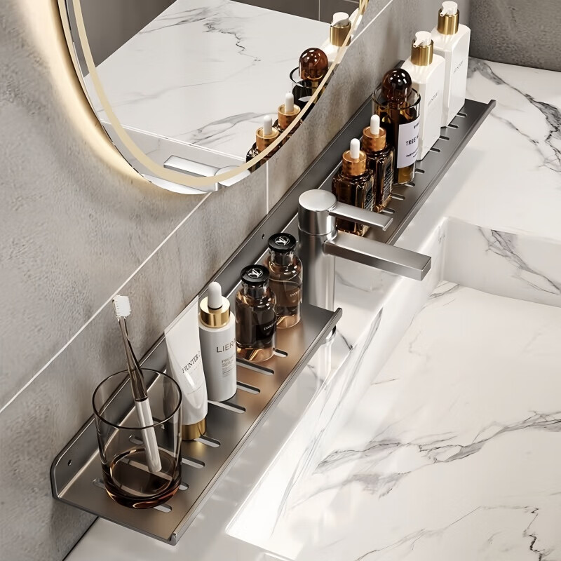 馨婺家卫生间洗漱台镜前置物架厕所免打孔水龙头洗手台壁挂浴室收纳架子 枪灰色-长50cm【加厚碳钢】