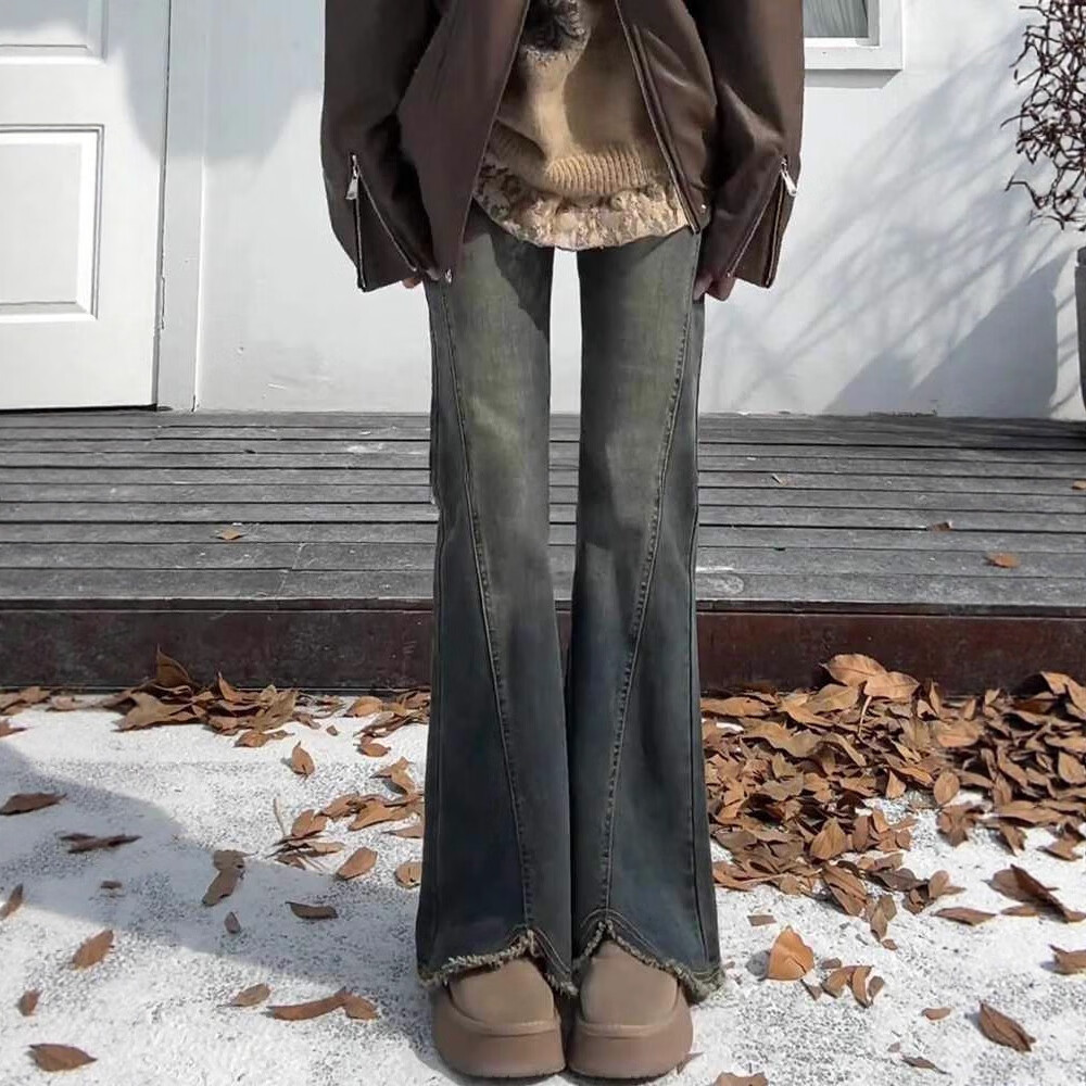 燠阳毛边开叉微喇牛仔裤女春秋大码胖mm高腰显瘦遮胯弹力小个子喇叭裤 水泥灰 2XL 【128-138斤】