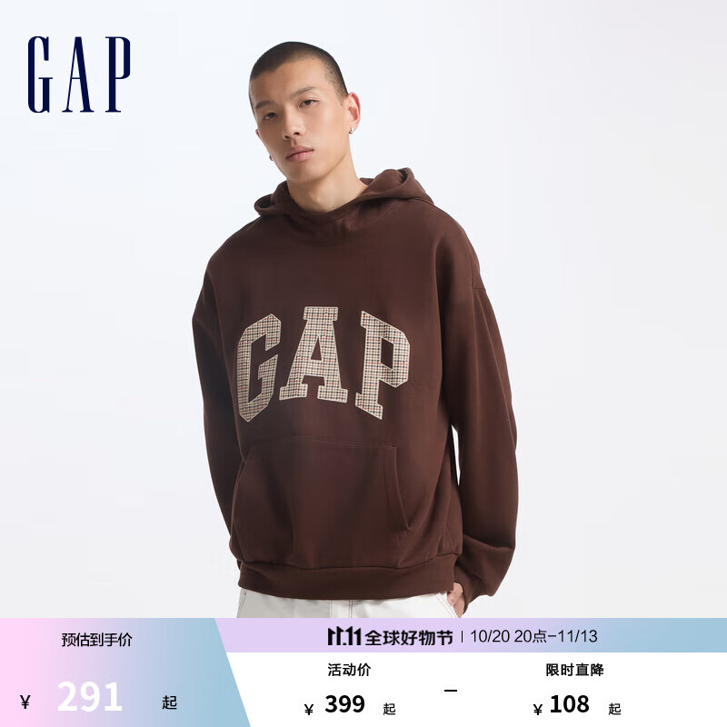GAP男女装碳素软磨抓绒格纹logo连帽卫衣上衣609221 棕色 165/88A(S)亚洲尺码