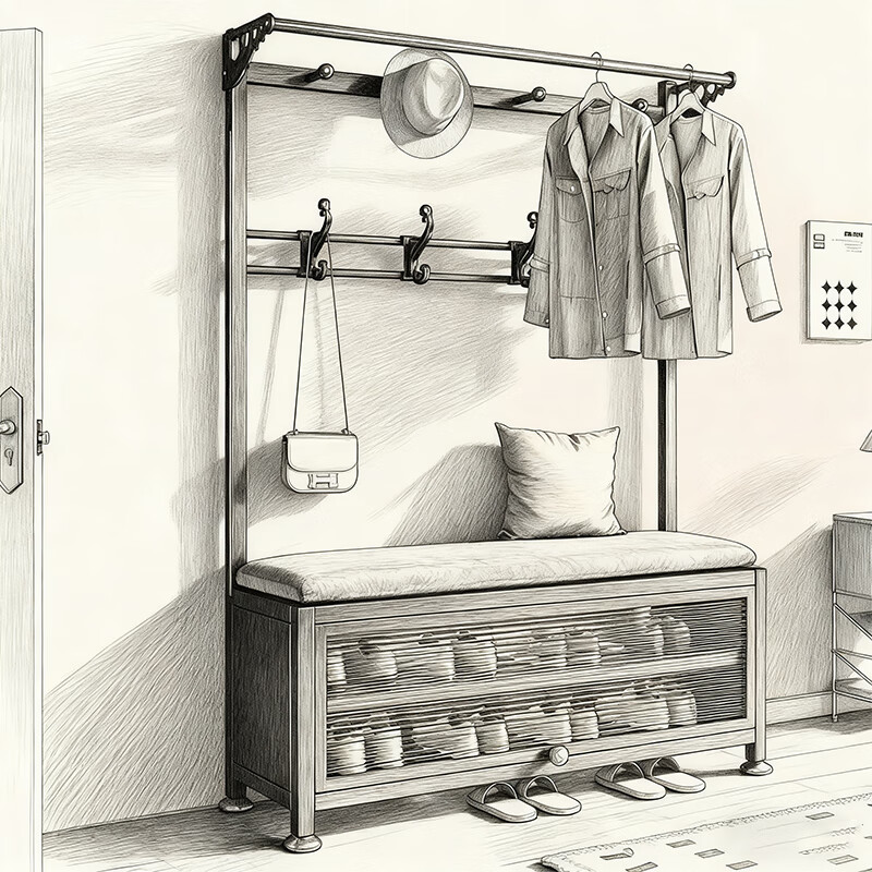 尔思家衣架落地立式换鞋凳挂衣架鞋架一体卧室专用客厅高级感简易晾衣架 【100cm黑架 绒布坐垫】防尘鞋柜+衣帽架