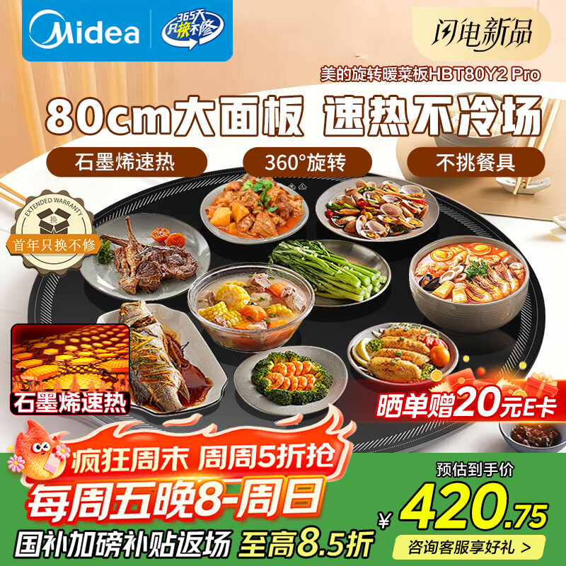 美的（Midea）暖菜板石墨烯加热 饭菜加热板热菜板保温板 2025新款家用多功能餐桌转盘恒温热菜神器HBT80Y2 Pro