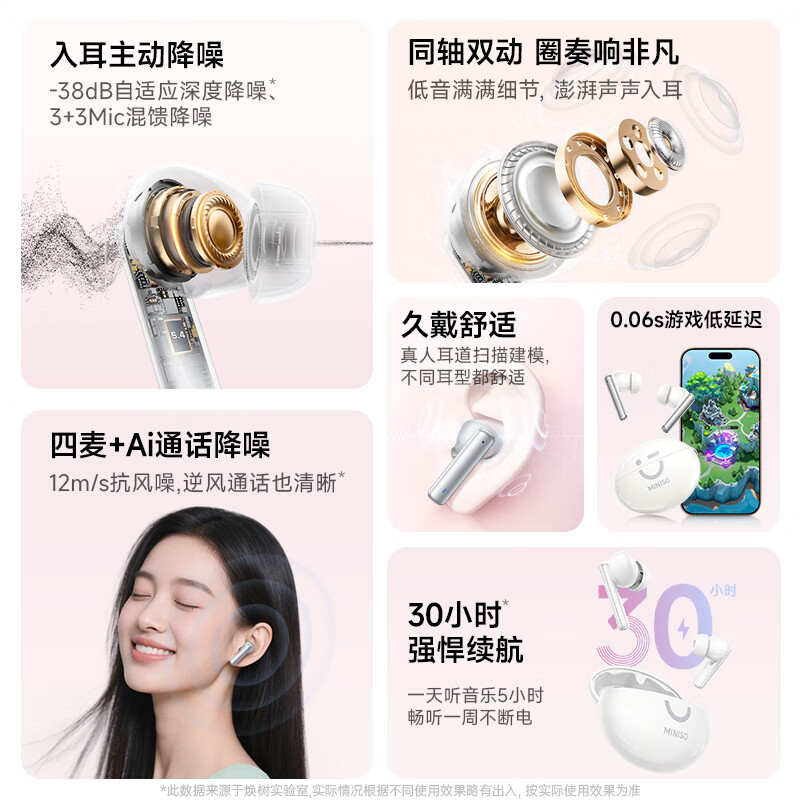 名创优品（MINISO）MR2 真无线蓝牙耳机入耳式 舒适佩戴主动降噪运动游戏低延迟音乐高音质超长续航高清通话轻巧 星芒紫丨ANC主动降噪【100%好评】