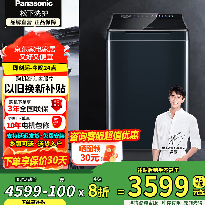 松下（Panasonic）一级10公斤波轮 轻音直驱变频电机 离心洗羽绒洗水氧泡沫净彩屏 抗菌 大U XQB100-1U