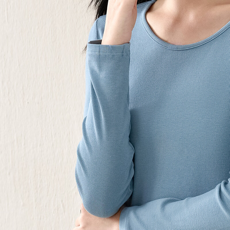 子牧棉麻秋装 女韩版百搭打底衫内搭长袖薄款圆领螺纹T恤上衣8689 经典黑大圆领 2XL (建议140-155斤)