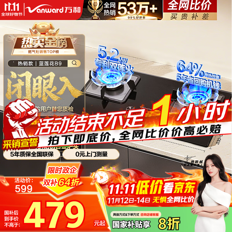 万和（Vanward）【蓝莲花B9·5.2kW】天然气燃气灶猛火烟灶联动以旧换新国家补贴20%嵌入式家用煤气双炉具台B9L50