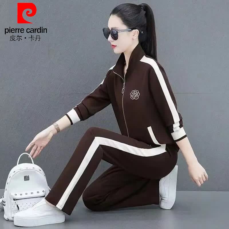 皮尔卡丹(pierre cardin)中老年运动套装女春秋外套新款卫衣洋气时尚减龄休闲跑步服三件套 咖啡色三件套 L