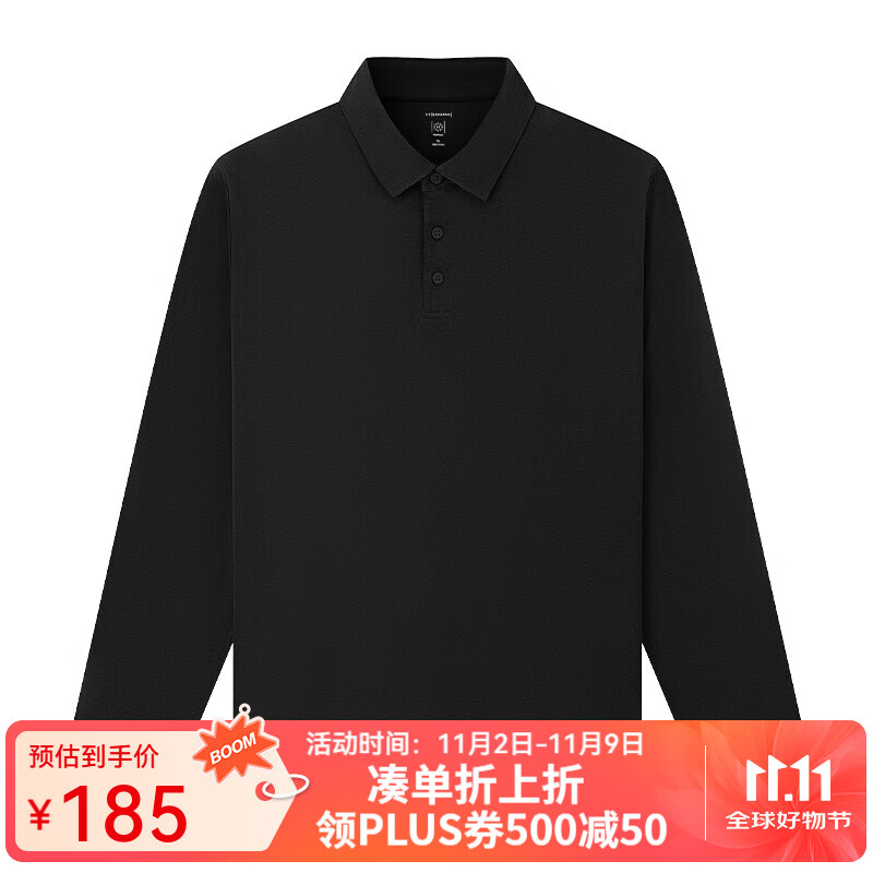 十如仕POLO衫长袖T恤男2025新款纯棉商务休闲秋冬保暖翻领打底衫 P04-02 黑色 XL