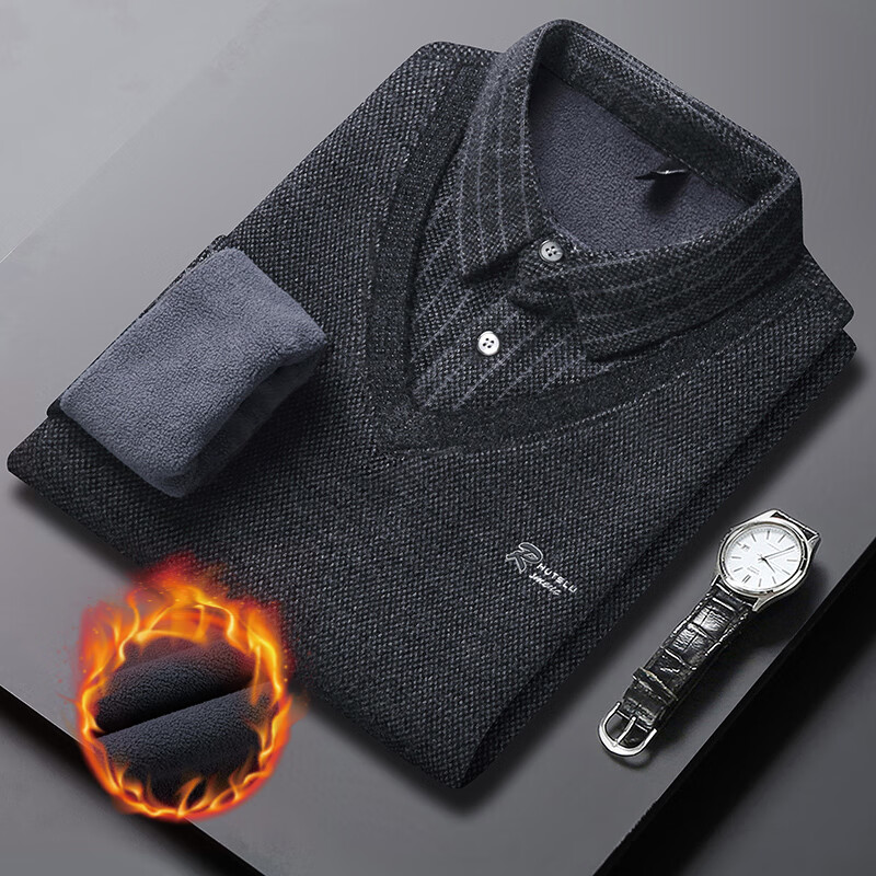 高端打底上衣假两件针织衫，男士冬季加绒加厚衬衫领毛衣男休闲S1 黑色【加绒加厚】 XL 【建议130-150斤】