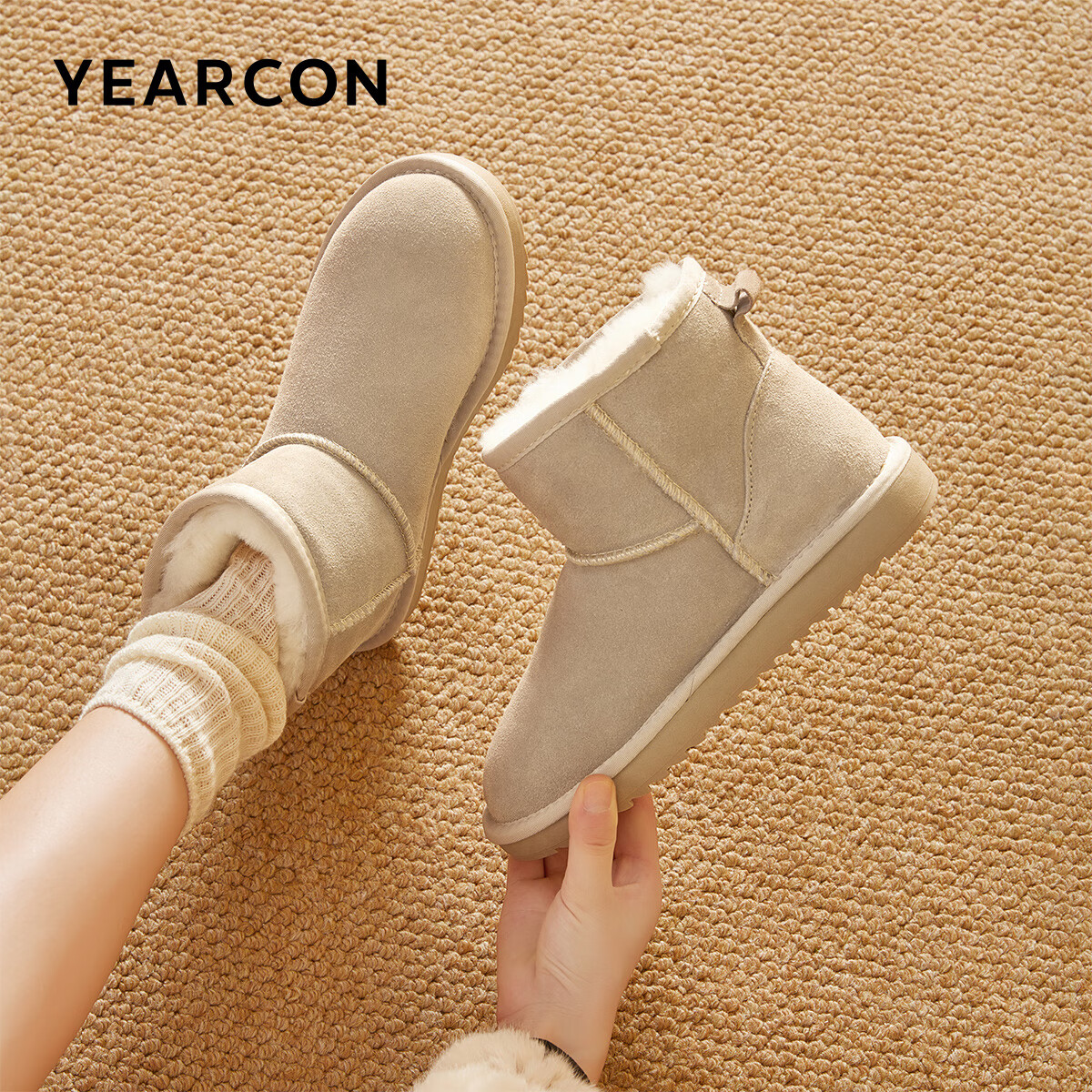 意尔康女靴雪地靴女士棉鞋厚底冬季加绒保暖东北抗寒短靴妈妈靴子 米白2 加绒 36