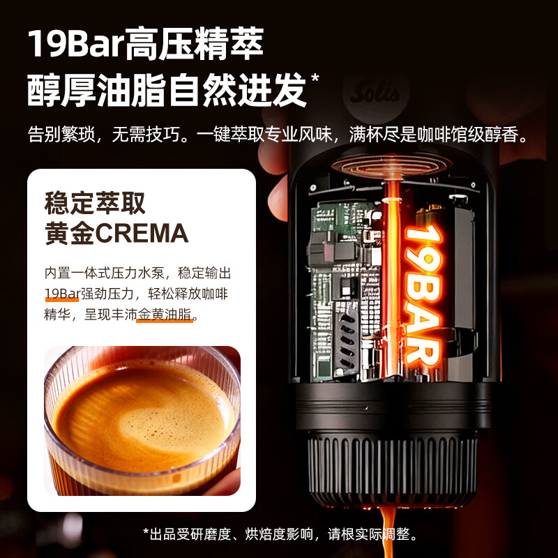 索利斯(Solis)便携胶囊咖啡机家用办公室户外旅行迷你意式美式咖啡具生日礼物 黑色(不带磨豆功能)