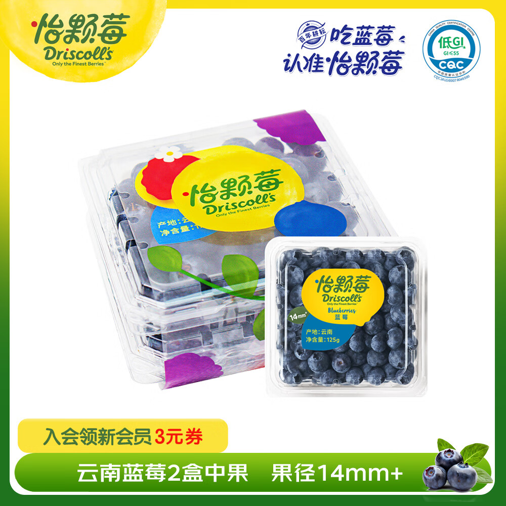 怡颗莓Driscoll&#039;s当季新鲜云南蓝莓14mm+ 2盒装 约125g/盒 京东超市水果