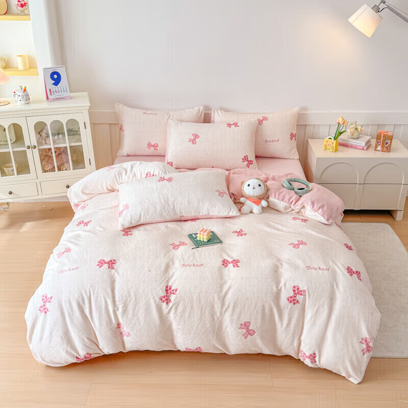 软贝小清新牛奶绒床上四件套保暖毛绒床单被套学生宿舍秋冬款三件套 蝴蝶结 床单款 2.0m 被套200*230cm 四件套