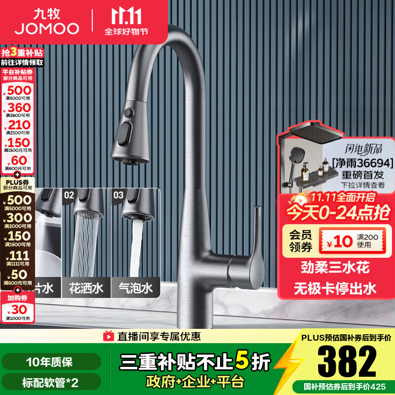 九牧（JOMOO）厨房水龙头厨房抽拉式水龙头洗菜盆洗碗盆厨卫龙头水槽冷热水龙头 【枪灰-升级无极卡停】33098