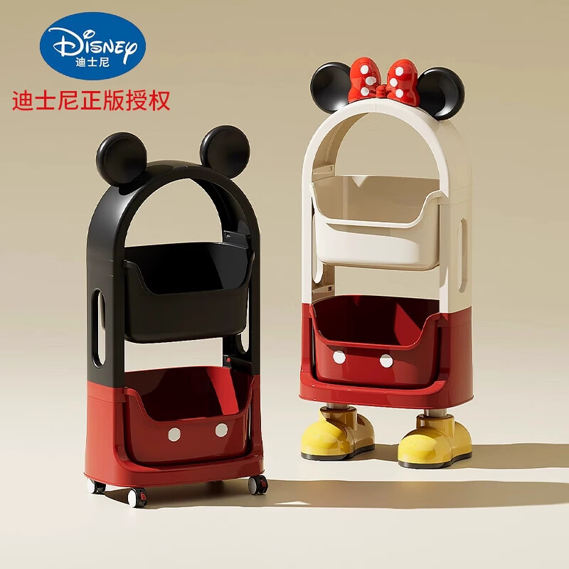 吱凡日本迪士尼正版米奇零食置物架可移动小推车客厅落地式床边收纳柜 【静音滑轮3层】波点白【正版授权 蝴蝶结可拆卸】
