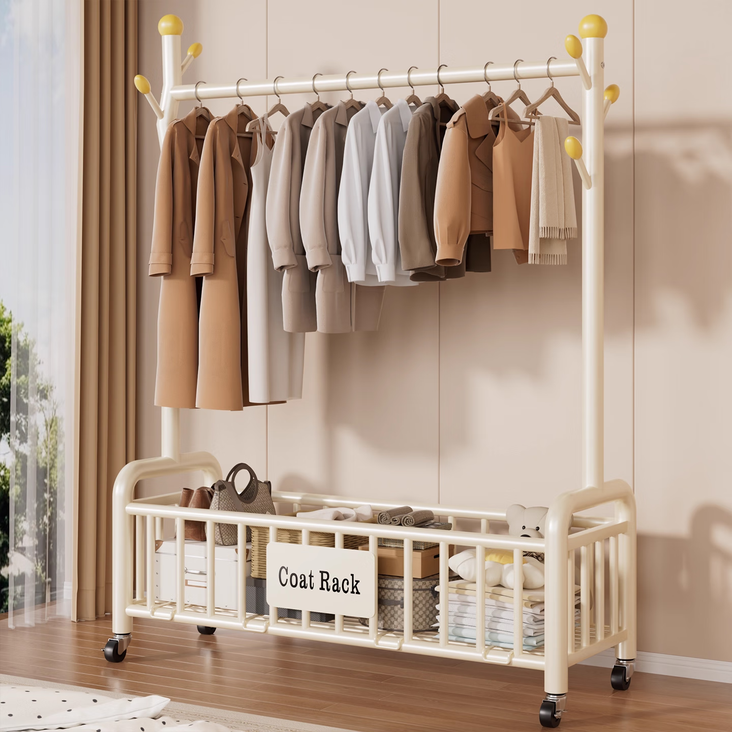 衣炫衣架落地立式衣帽架挂衣架挂衣服落地卧室专用多功能简易衣架晾衣 白色-60cm【加深网篮】